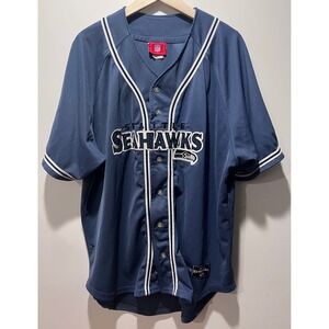 Seattle Seahawks NFL Baseball Jersey Mens Snap Button Navy Blue White
